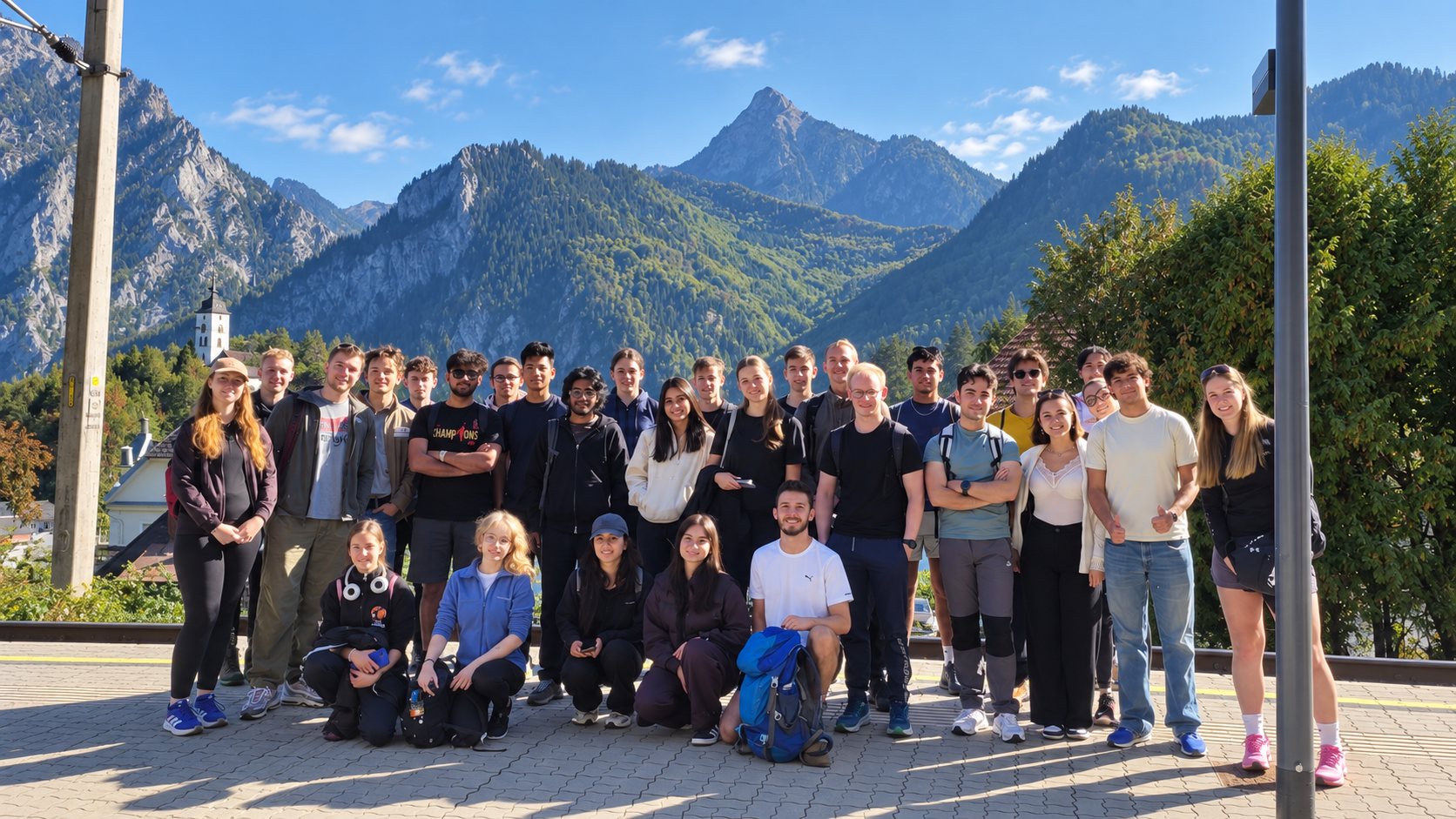 The whole group at the train station before the hike