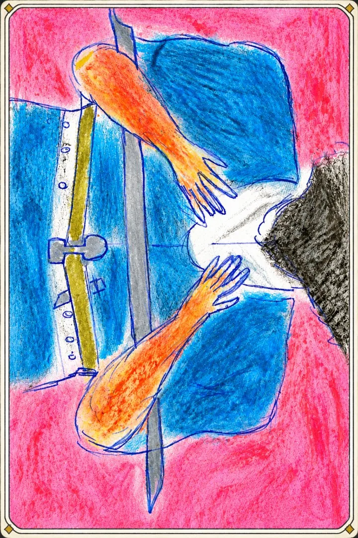 OKXIT card: two figures embracing across a divide