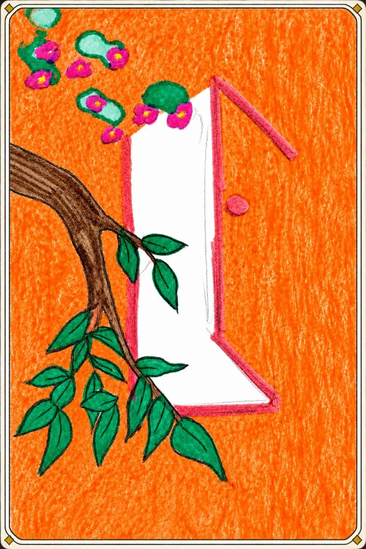 OKXIT card: a doorway surrounded by flowers