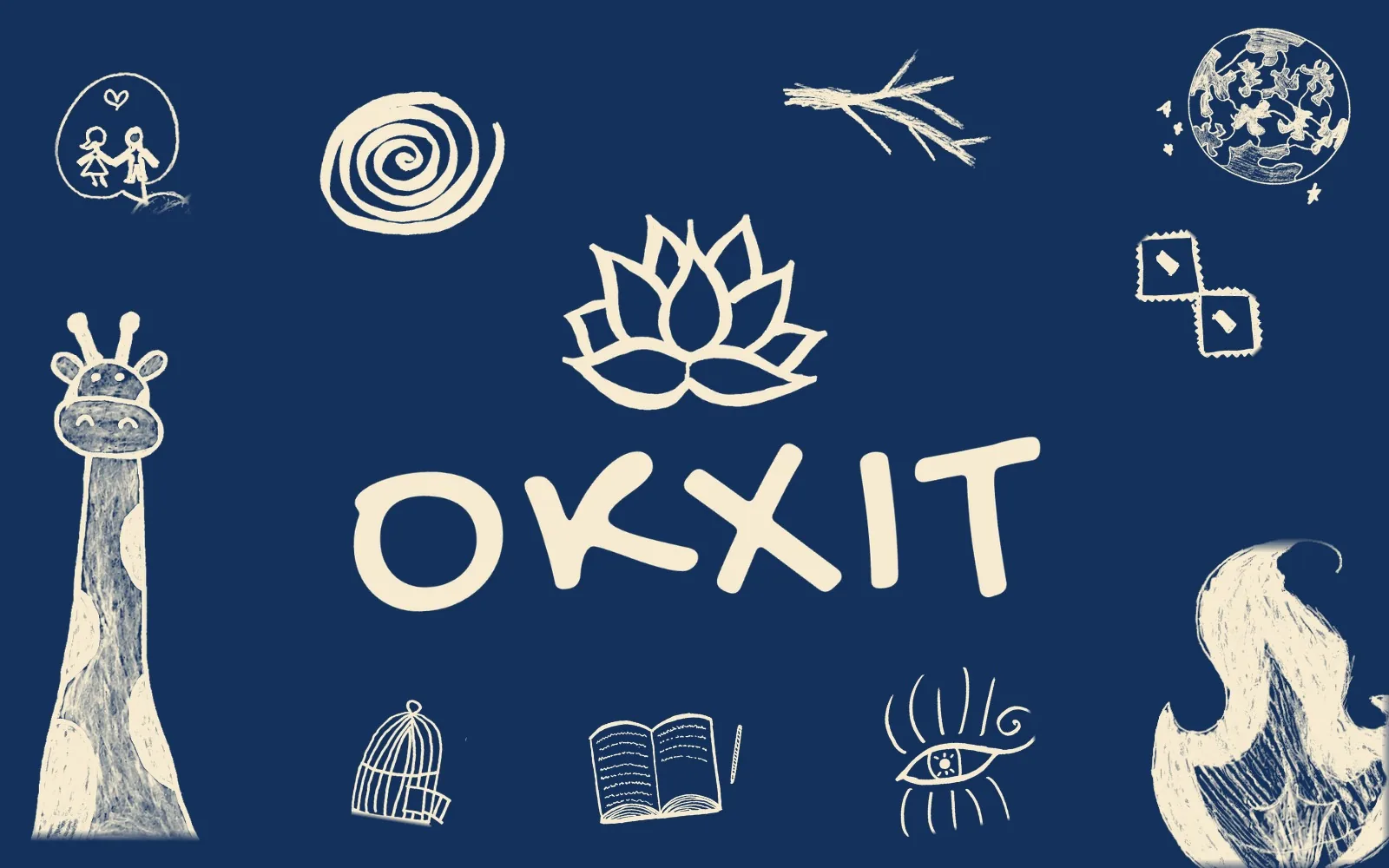 The OKXIT cover: the deck name hand-lettered on navy, ringed by drawn symbols